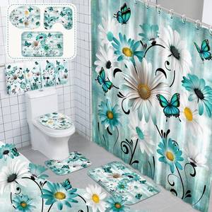 lot 6338 image: FuWeave 8 Pcs Rustic Farmhouse Shower Curtain Sets for Bathroom Daisy Floral and Butterfly Shower Curtain Sets with Rugs, Flowers Towels, Non-Slip Rug, Toilet Lid Cover, Bath Mat and 12 Hooks(Teal)