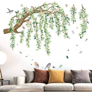 lot 6369 image: Large Hanging Vine Wall Stickers Peel and Stick Green Leaf Tree Branch Pink Flower Birds Leaves Wall Decals - Living Room Bedroom Family Wall Decor