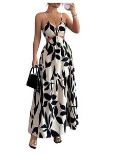 lot 6415 image: Floerns Womens Cut Out Tie Back Boho Maxi Dress Spaghetti Strap Beach Vacation Tiered Long Dresses Apricot Small