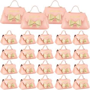 lot 6423 image: Dandat 24 Pcs PU Leather Bowknot Gift Boxes 5x3 Inch Reusable Candy Favor Bags with Handles, Elegant Mini Handbag Purse for Wedding, Birthday, Party Favors(Pink)