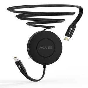 lot 6432 image: AGVEE 0.3ft Fixed  2.3ft Extend USB-C to Lightning Charger Cable Mountable One Way Retractable 27W Fast Charging Cord, Pocket-Sized for iPhone 14 13 12 11 XS, Desk Organizer, Black