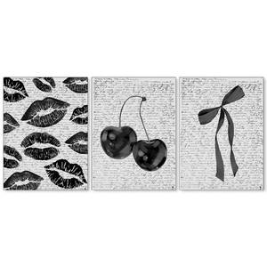 lot 6452 image: Jefuzh Coquette Bow Lip Wall Art Vintage Fashion Black and White Cherry Posters Set of 3 Preppy Aesthetic Picture Ma Cherie Canvas Prints for Girly Dorm Bedroom Wall Decor 12X16 inch Unframed