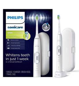 lot 6478 image: Philips Sonicare ProtectiveClean 6100 Rechargeable Electric Toothbrush, with Pressure Sensor, 3 Cleaning Modes, SmarTimer and QuadPacer, 14-Day Battery Life, Travel Case, White, Model HX687721