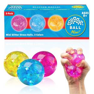 lot 6484 image: Power Your Fun Arggh Glitter Mini Stress Balls for Adults and Kids - 3pk Squishy Stress Ball Fidget Toys, Sensory Toys and Stress Relief Mini Squishy Toys Squeeze Ball Toy (Yellow, Pink, Blue) Missing yellow ball