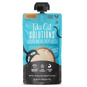 lot 9708 image: Tiki Cat Solutions Liquid Meal Replacer Wet Cat Food, Tuna in Goats Milk, 6 oz. Spout Pouch (6 Pack)