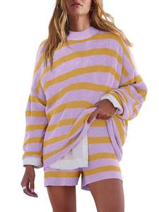 lot 11730 image: LAMISSCHE Womens Oversized Lounge Sets 2 Piece Outfits Striped Matching Pajama Set Long Sleeve Sweater Set(Dk Yellow&Lt Purple,XL)