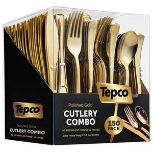 lot 11746 image: 150 Gold Plastic Silverware Set - Disposable Flatware - 50 Forks, 50 Spoons, 50 Knives - Heavy Duty Cutlery for Party Bulk