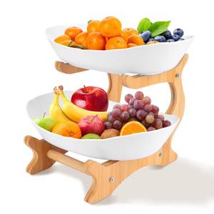lot 11753 image: RETON 2 Tier Fruit Bowl for Kitchen Countertop, Plastic Fruit Basket Rack with Bamboo Wood Stand for Tiered Vegetable Storage Tray, Salad Cake Snack Dessert Party (White)