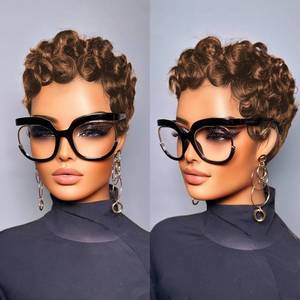 lot 11755 image: SisBroSis Chocolate Brown 4# Color Pixie Cut Curly Human Hair Wigs for Women Short Layered Pixie Cut Wigs With Bangs Glueless Brazilian Virgin Curly Human Hair Wig (Brown)
