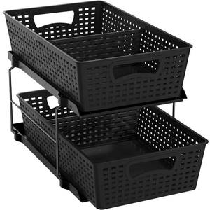 lot 11788 image: Simple Houseware 2 Tier Bathroom Organizer Tray Pull-Out Sliding Drawer, Under Sink Storage, Black