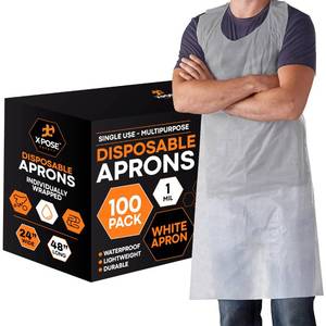 lot 11826 image: Xpose Safety 100 White Plastic Disposable Aprons for Cooking & more Individually Packaged, Durable 1 Mil Waterproof Polyethylene 24 x 48