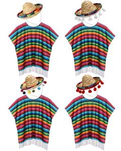 lot 11841 image: JaGely 8 Pieces Cinco De Mayo Serape Poncho and Sombrero Set, 4 Pcs Sombrero Hats with Rainbow Edge 4 Pcs Colorful Poncho Halloween Festive Decorations
