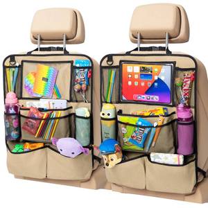 lot 11851 image: Helteko Backseat Car Organizer, Kick Mats Back Seat Protector with Touch Screen Tablet Holder, Back Seat Organizer for Kids with 9 Storage Pockets, Travel Accessories (2 Pack, Beige)