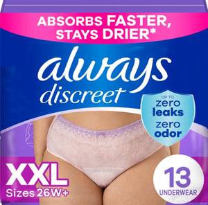 lot 11852 image: Always Discreet Adult Diapers for Women, Incontinence Underwear, Postpartum Essentials, Disposable Briefs, Max Absorbency, Bladder Leak Protection, 2XL  XXL, 13ct