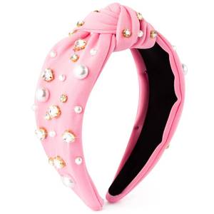 lot 12058 image: PANTIDE Pearl Jeweled Knotted Headband - Heart Rhinestone Crystal Pearl Embellished Headband Wide Top Knot Fashion Hairband Accessories Birthday Gift for Lover Women Girls (Pink)