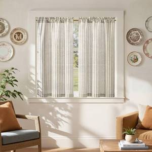 lot 12063 image: jinchan Striped Linen Kitchen Curtains 45 Inches Tier Curtains Farmhouse Modern Cafe Style Small Window Treatments Airy Light Filtering Rod Pocket for Living Room Bathroom 2 Panels Taupe Grey