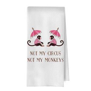 lot 12066 image: XIVENHAVM Chinoiserie Monkeys Kitchen Towels - Not My Circus Not My Monkeys Decorative Waffle Dish Towels, Monkey Gifts Hand Towel, Pink Tea Towel for Kitchen, 16x24 Inch