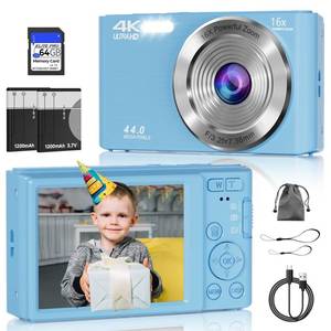 lot 12083 image: Digital Camera, FHD 4K Digital Camera with 64GB SD Card, 44MP Digital Point and Shoot Camera, 16X Digital Zoom, Anti Shake, 3-LED Fill Lights, Compact Camera for Kids Teen Boys Girls, Blue (Damaged)