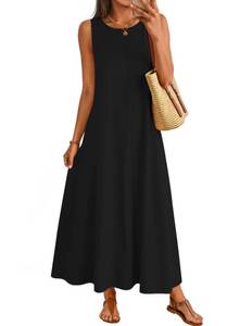 lot 12103 image: MEROKEETY Womens 2026 Summer Maxi Dress Sleeveless Crewneck Casual Loose Beach Vacation Basic Long Sundress,Black,Small