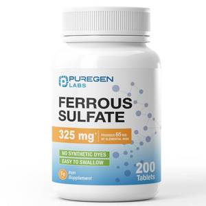 lot 12104 image: Puregen Labs Ferrous Sulfate 325 mg (65 mg Elemental Iron) High Potency Iron Supplement  No Artificial Color Additives - 200 Tablets