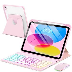 lot 12116 image: EAMPANG Case with Keyboard Mouse for iPad A16 11th 10th Generation 1110.9 inch,Rainbow Backlit Detachable Keypad Rotatable Magnetic Cover with Pencil Holder for iPad 11 2025 10 Gen 2022 Pink