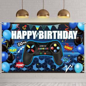 lot 12127 image: Blulu Video Game Happy Birthday Backdrop Game on Birthday Banner Level up Gaming Theme Party Background Photo Props for Party Wall Decorations Supplies(Blue)