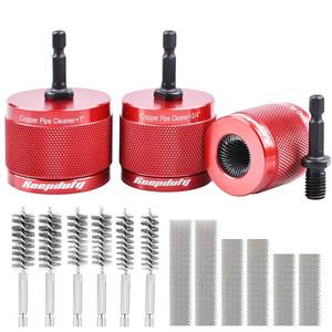 lot 12132 image: Keepduty 12 & 34 & 1 Copper Pipe Cleaner for Drill, with 14 Hex Shank & 6 Brush Blades & 6 Pipe Cleaning Brushes, Plumbing Tools for Removing Rust, Stains & Paint on Copper & Metal Pipes (Red)