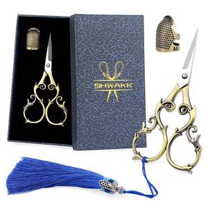 lot 12150 image: SHWAKK Embroidery Scissors 4.45in Ancient Cyan Gourd Flower Scissors with Tassels and Thimble, Embroidery Tools for Sewing, Crafting, Tailoring, Needlework, Handicrafts DIY Tools
