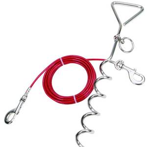 lot 12165 image: Katzco Chrome Dog Corkscrew Stake with Leash Lead - 25 Foot Cable with 80 lb Pull Strength - Heavy-Duty Outdoor Tie-Out for Large, Medium, and Small Energetic Dogs - Backyard Summer Dog Run - Red