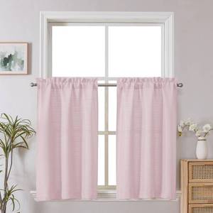 lot 12173 image: Chyhomenyc Bennet 2-Panel Blush Pink Kitchen Curtains, 36 Inch Length Tier, Faux Linen Textured Small Cafe, Light Filtering Short Window for Bathroom Basement, 30x36 Inch