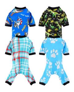 lot 12175 image: PET SHOW 4 Pack Dog Pajamas Dinosaur Shark for Extra Large Dogs Boy Soft Stretchy PJs Plaid Jumpsuit Dog Paw Onesies Outfits with Sleeve Pets Breathable Summer Clothes Costume XXXL
