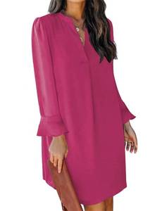 lot 12180 image: QACOHU Fall Dresses for Women 2026 Casual V Neck Long Sleeves Flowy Mini Tunic Dress Rose XL