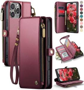 lot 12189 image: Defencase Compatible with iPhone 16 Pro Case Wallet with RFID Blocking Card Holder for Women Men, Soft PU Leather Magnetic Snap Flip Zipper Strap Wallet Phone Case Fit for iPhone 16 Pro 6.3, Wine Red