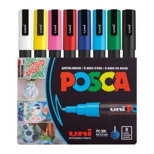 lot 12194 image: Uni Posca Paint Markers, 3M Fine Point Acrylic Paint Pens with Reversible Tips, Art Supplies For Gifts, Decorations Fabric, Metal, Glass, Wood and Canvas, 8 Pack