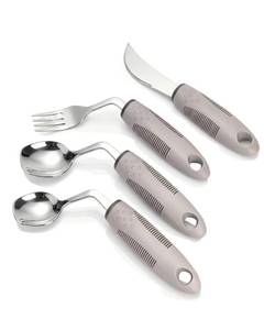 lot 16117 image: 4-Piece Adaptive Utensils Set with Rocker Knife & Shovel Spoon - 42° Angled Parkinsons Utensils, 2.5 oz Weighted Silverware for Hand Tremors and Arthritis, Adaptive Eating Utensils (Grey Right-handed)