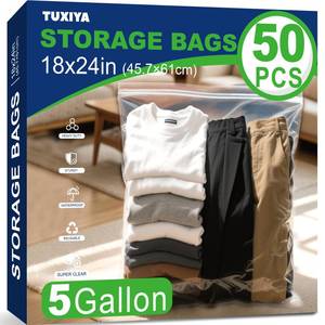 lot 17431 image: TUXIYA 50PACK 5 Gallon Large Zipper Bags for Storage 18 x 24 Inch, Large Clear Zipper Bags Reusable with Sealable Zippers Top for Clothes, Travel & Moving,Thick 4 Mil