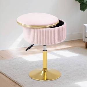 lot 17434 image: MRITWAII Adjustable Vanity Stool with Storage, 360° Swivel Makeup Stool Chair Small Velvet Round Ottoman with Gold Base for Bedroom, Pink