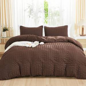 lot 17447 image: AveLom Brown Duvet Cover Cal King(104 x 98 inches), 3 Pieces (1 Duvet Cover, 2 Pillowcases), Seersucker Striped Soft Washed Microfiber, Textured Duvet Cover Set with Zipper Closure, Corner Ties
