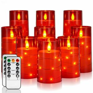 lot 17460 image: Homemory 9 Pcs Flameless Candles with Embedded Star String Fairy Lights, Battery Operated Candles, LED Candle, Fake Candles with Remote Control and Timer (Red)