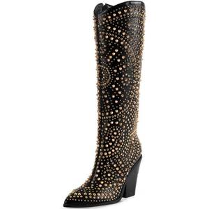 lot 17471 image: iiimmu Black Knee High Boots for Women Pointed Toe and Chunky Heel Boots for Women Luxurious Studded Boots Tall Boots with Gold Metal Rivets, Size US 6