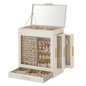 lot 17473 image: SONGMICS Jewelry Box with Glass Window, 5-Layer Jewelry Organizer with 3 Side Drawers, Jewelry Storage, with Big Mirror, Modern, 6.1 x 10.3 x 12.6 Inches, Cloud White and Metallic Gold UJBC162W01