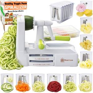 lot 17480 image: Brieftons 10-Blade Vegetable Spiralizer Strongest-Heaviest Duty Spiral Slicer, Best Veggie Pasta Spaghetti Maker for Low CarbPaleoGluten-Free, With Container, Lid, Blade Caddy, 4 Recipe Ebooks