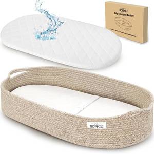 lot 17502 image: BOPHILI Baby Changing Basket Foldable Baby Changing Pad and Waterpoof Cover, Premium Handmade Cotton Rope Reinforced Moses Baskets Changing Table Topper, Built-in Security Strap (Warm Brown)