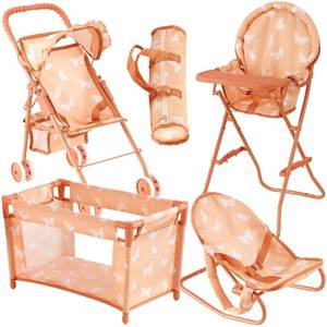 lot 17507 image: 4-in-1 Baby Doll Stroller Set with Butterfly Design �� Includes Toy Stroller, Crib, Bouncer & High Chair �� Doll Accessories & Baby Doll Furniture Set for Toddlers 3-4 Years �� Fits Dolls up to 18 Inches