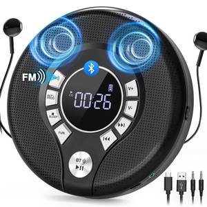 lot 18069 image: Greadio Portable Bluetooth CD Player with 2000mAh Rechargeable, Personal CD Player for Car with FM TransmitterAUX, CD Discman Player with Headphone, 120s Anti-Skip, USB Port, Backlight (Black)