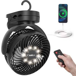 lot 18080 image: Camping Fan with Remote Control - 12000mAh Rechargeable Battery Powered Fan, Camping Fans for Tents with LED light & Hanging Hook, Rechargeable Battery Operated Ceiling Fans for Tent RV Bed, Black