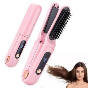 lot 18085 image: Cordless Hair Straightener Brush, Portable Travel Hair Straightener, 2 in 1 Cordless Mini Rechargeable Flat Iron & Hair Straightener Brush with Dust Cover, Digital Display (Pink)