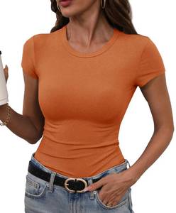 lot 18091 image: GEMBERA Womens Stretchy High Neck Short Sleeve Shirts Slim Fitted Casual Basic Top T-Shirt Orange XL