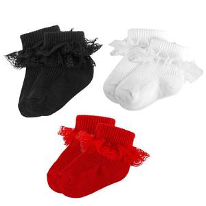lot 18124 image: MKYSZLT Baby Girl Ruffle Socks Toddler Girls Eyelet Double Lace Socks Turn Cuff Frilly Dress Sock Flower Girl Pageant Church Sock for Preemie Newborn Infant (3-12M, Baby Girls, black,red,white)