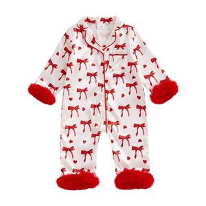 lot 18126 image: mlpeerw Baby Girl Valentines Day Pajamas Newborn Heart Feather Trim Nightgown Jumpsuit Romper Cute Infant Silk Pjs Sleepwear (Heart And Bow Red, 6-12 Months)